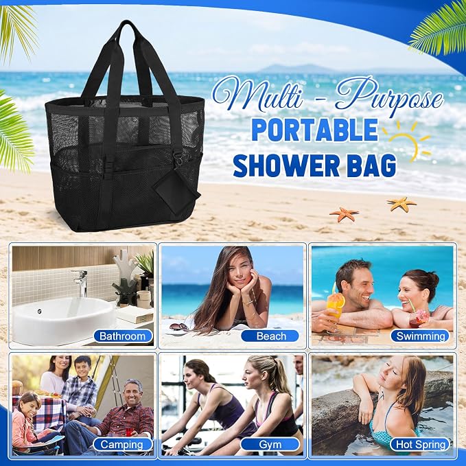 Hillban Large Mesh Beach Bag Bulk for Women Waterproof Sandproof Pool Tote Bag with 8 Pocket Small Zipper Pouch with Ring - Image 7