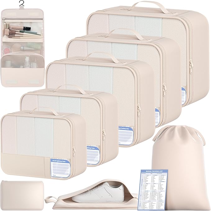 BAGAIL 9 Set Packing Cubes with Packing List Luggage Packing Organizers for Travel Accessories (Cream) by BAGAIL