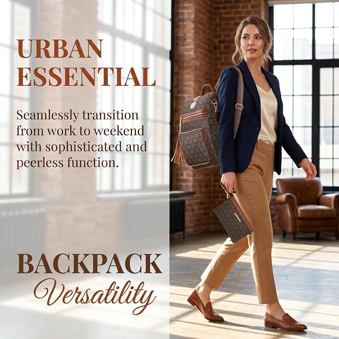 JULIE FERRARO Women Convertible Backpack Purse, Large PU Leather Travel Backpack with Multi Pockets, Shoulder Handbag Set with Wristlet for Work, Travel & Daily Use - Image 2