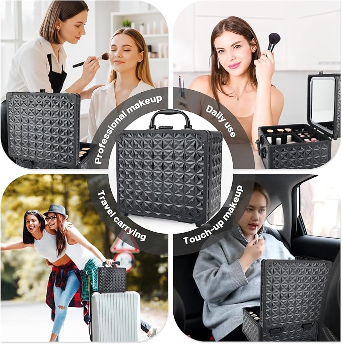 Makeup Case with LED Mirror, Portable Lockable Vanity Case, Travel Makeup Train Box for Women, Cosmetic Organizer, Detachable 3-Color Lighted Mirror, Adjustable Dividers, Brush Holder - Image 7