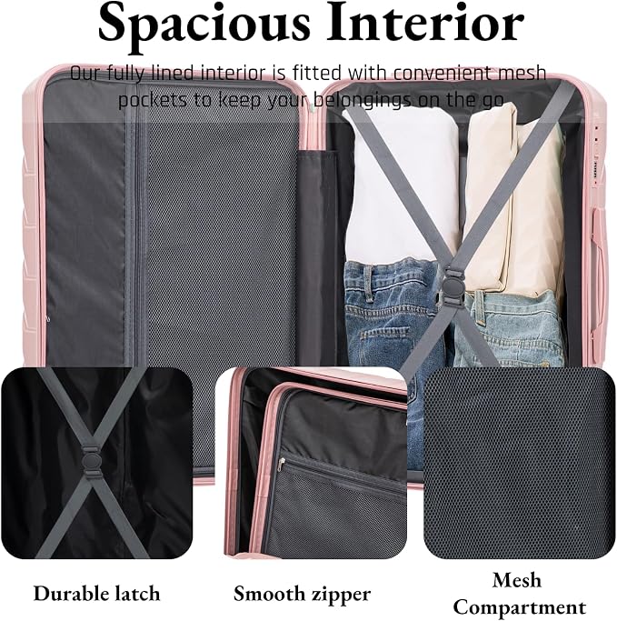 3-Piece ABS Spinner Luggage Set (20" 24" 28") with Combination Lock, Matching Hardshell Suitcases, Pink - Image 5