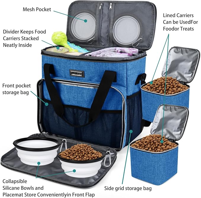 BAGLHER Dog Travel Bag, Pet Travel Bag (ALL Pet Travel Supplies), With 2 Pet Food Containers and 2 Collapsible Silicone Bowls; Essential Kits for Pet Travel Blue - Image 5