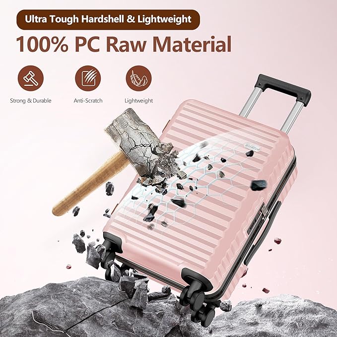 SHOWKOO Suitcase Hardside Expandable Luggage Set, Suitcase with Double Spinner Wheels TSA Lock 3 Piece Set Pink (DB/TB/28in) - Image 3