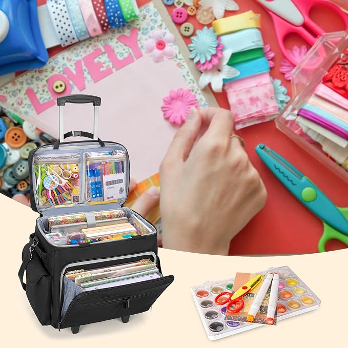 Trunab Rolling Scrapbook Tote with File Pocket & Trolley, Craft Organizer | Expandable File Pocket, Detachable Trolley, Padded Sleeves for 15.6" Laptop, Scrapbooking Supplies & Art Tools - Image 4