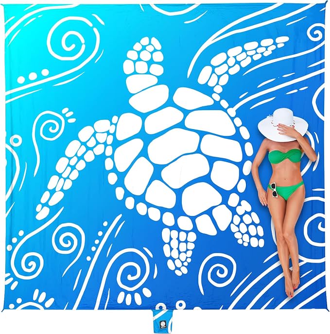 WEKAPO Beach Blanket Waterproof Sandproof Oversized Extra Large Sand Free Beach Mat with Stakes, Storage Bag - Essentials for Outdoor Beach, Picnic (Gradient Blue Sea Turtle, 8 X 7 FT (1~4 Person)) by Wekapo