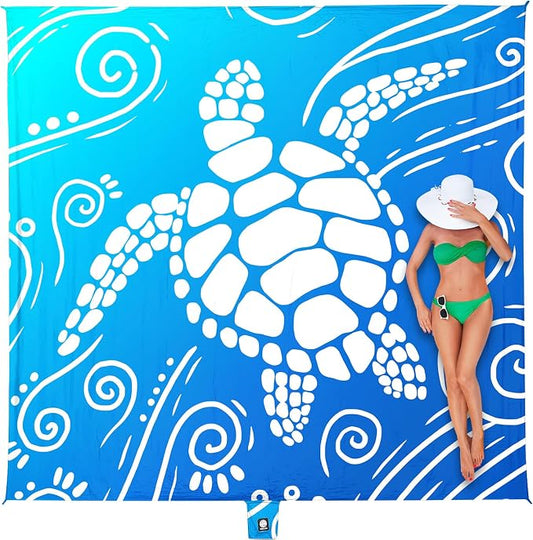WEKAPO Beach Blanket Waterproof Sandproof Oversized Extra Large Sand Free Beach Mat with Stakes, Storage Bag - Essentials for Outdoor Beach, Picnic (Gradient Blue Sea Turtle, 8 X 7 FT (1~4 Person)) by Wekapo