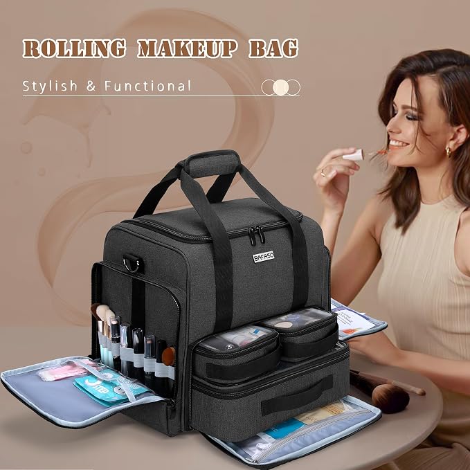 BAFASO Rolling Makeup Case with 3 Removable Pouches and 1 Makeup Brush Bag, Professional Makeup Train Case Cosmetic Bag with Detachable Dolly (Patented), Black | with1 Makeup Brush Bag, Professional Makeup Train Case Cosmetic Bag with Detachable Dolly,... - Image 6