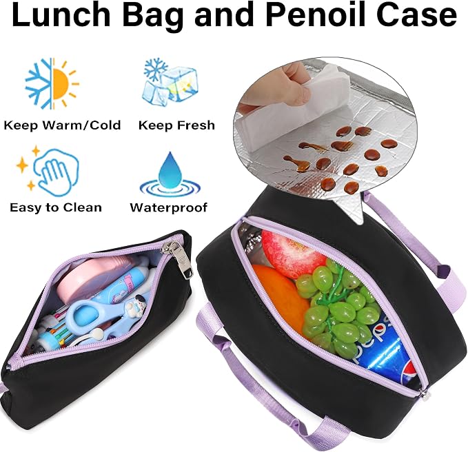 LXYGD Laptop Backpacks 16 Inch School Bag College Backpack 3 PCS with Lunch Box Pencil Pouch Set Large Travel Daypack Kawaii Bookbags for Teens Girls Women Students (Black Purple) - Image 4