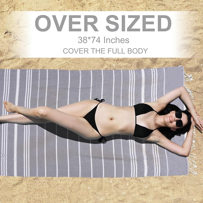 Genovega 6 Packs Oversized Turkish Beach Bath Towel Set Bulk 74"x38" Extra Large Sand Free Quick Dry Swim Camping Pool Clearance Towels Travel Blanket Adult Essentials Light Blue Grey Coral Stripe - Image 2