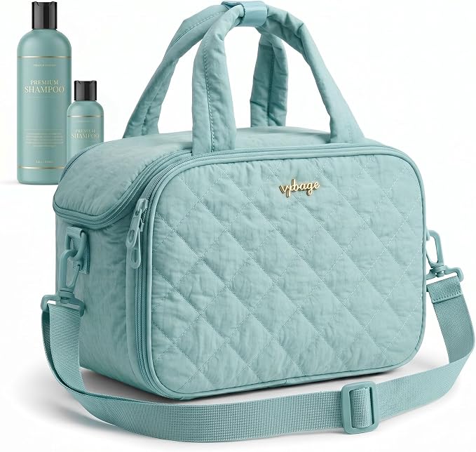 VPBAGE Large Quilted Toiletry Bag for Women, Puffy Travel Makeup Organizer with Removable Divider & Shoulder Strap, Waterproof Standing Cosmetic Case for Full-Size Toiletries, Gym, Vacation by VpbageGear