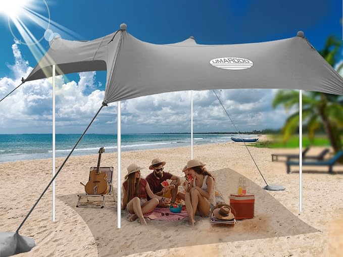 UMARDOO Family Beach Tent Canopy Sun Shade Portable, Large Compact Beach Sun Shelter Easy Setup with Packable Bag for Outdoor Travel (Grey, 10X10 FT. 4Poles) by UMARDOO