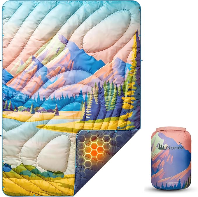 Gonex Camping Blanket with Aero-Warmth Breathable Layer - Puffy Printed Packable Blanket, Ultralight Wearable Water-Resistant Quilt, 79" X 55" for Camping, Beach, Hiking, Travel, Picnics (Landscape) by Gonex