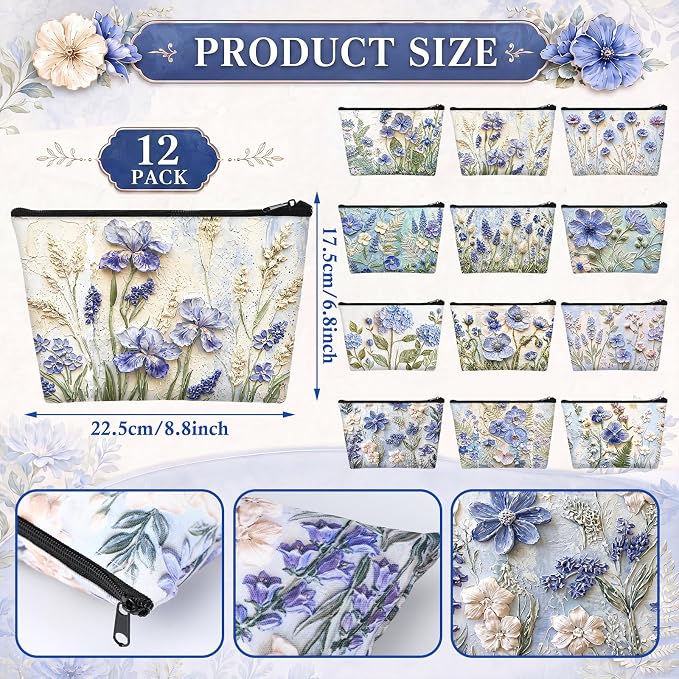 Sweetude 12 Pcs Blue Relief Flowers Makeup Bag Bulk Blue Portable Travel Cosmetic Bag with Zipper Oil Painting Floral Waterproof Roomy Travel Toiletry Organizer Storage Beauty Pouch for Women Gifts - Image 4