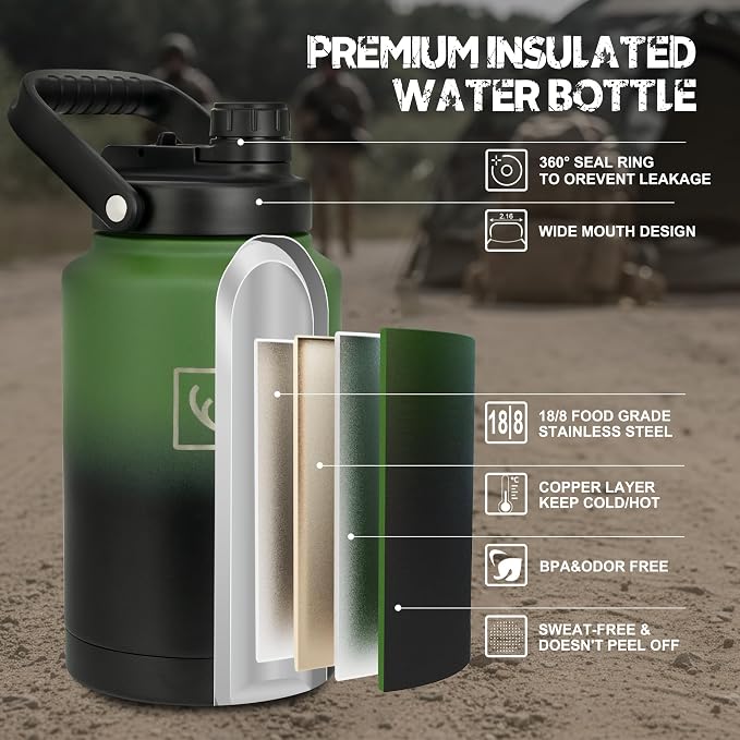 NATURE PIONEOR 128oz/1 Gallon Tactical Water Bottle with MOLLE Bottle Pouch | 18/8 Food-grade Stainless Steel, Double Vacuum Insulation, Wide-Mouth, Straw & Spout Lid, Strap, Camping, Hiking, Gym, Work - Image 6