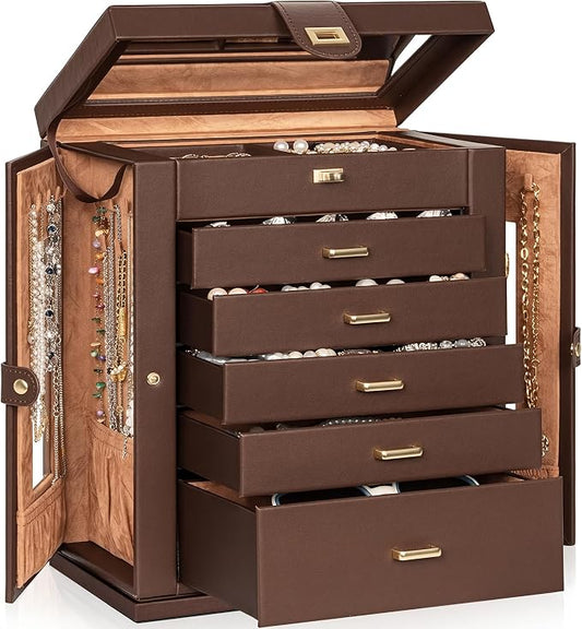 AKOZLIN 6-Tier Jewelry Box Organizer Functional 5 Drawers Leather Jewelry Storage Case for Women Girls Ring Necklace Earring Bracelet Holder Organizer with Mirror XL Brown 360° Rotating by AKOZLIN