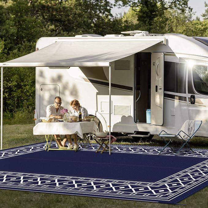 GENIMO Outdoor Rug, Waterproof Plastic Rugs 10'x14' for Camping Blue White | Outside Larger Modern Carpet Mat for Porch Decor, Deck, Balcony, Camping, RV, Backyard, Picnic, Beach, Reversible - Image 7