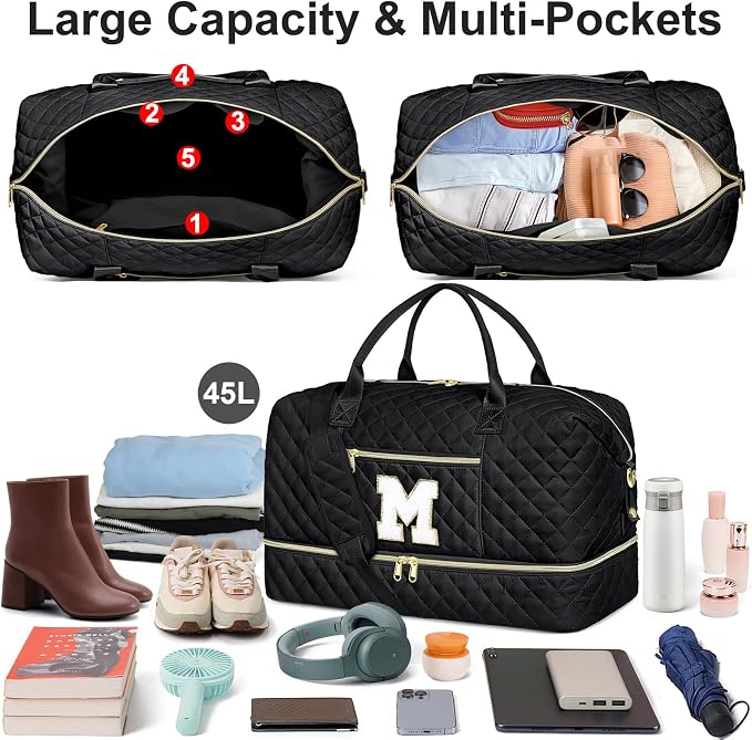 Graduation Birthday Gift for Her, Personalized Initial Weekender Bag for Women 45L Travel Duffle Carry On Quilted, 3PCS Overnight with Cosmetic & Toiletry Bag, Shoe Compartment, Gym Dance Bag for Girl - Image 3