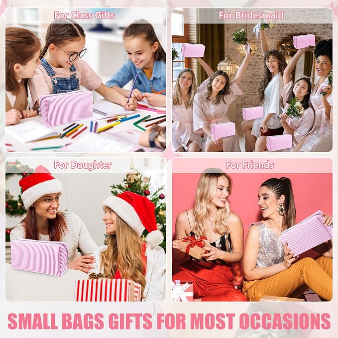 Giesiery 8 Pcs Seersucker Makeup Bags Striped Cosmetic Bags Bulk Organizer for Women Preppy Travel Toiletry Pouch for Wedding Bridesmaid Bride Favor Mom Gift (pink, Medium) - Image 7