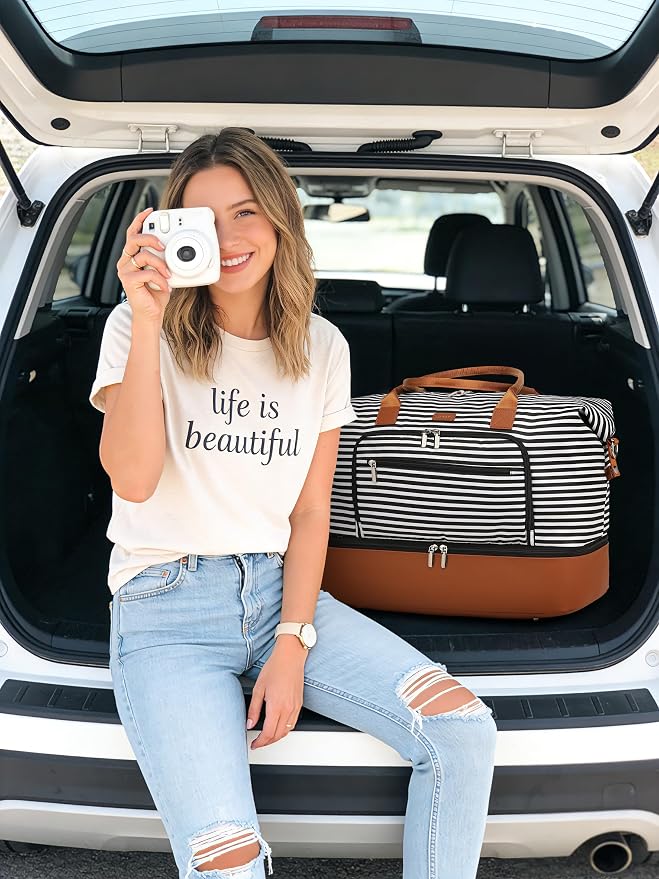 Weekender Bags for Women Travel, Under Seat Carry On Bags for Airplanes Overnight Bag with Shoe Compartment Luggage Sleeve, Foldie Travel Tote Bag Hospital Bag, Travel Gifts, Black Strip - Image 2