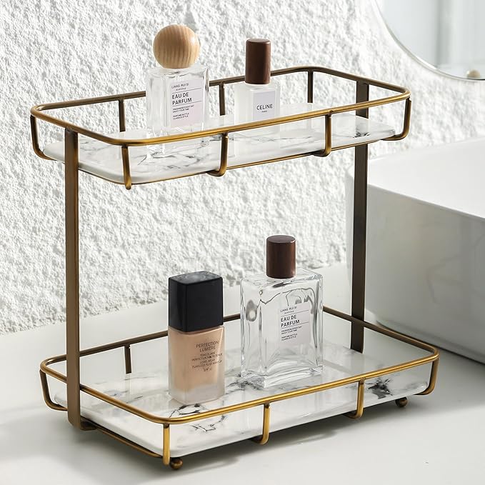 Bathroom Organizer Countertop Perfume Organizer Makeup Organizer Cosmetics Storage Display Rack Vanity Tray Dresser Stainless Steel Gold Shelf White Marble Ceramic Tray by Dobbyby