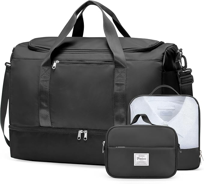 Large Travel Duffle Bag,Carry on Overnight Weekend Bag with Shoes Compartment,Weekender Bags for Women for Travel Business Trips Sport Hospital,3 Pcs Set,Black by SYCNB