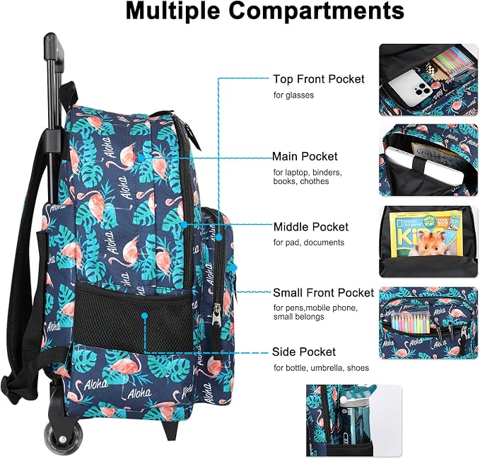 Tilami Rolling Backpack 18 inch Double Handle with Lunch Bag Wheeled Kids Backpack, Flamingo Black - Image 4