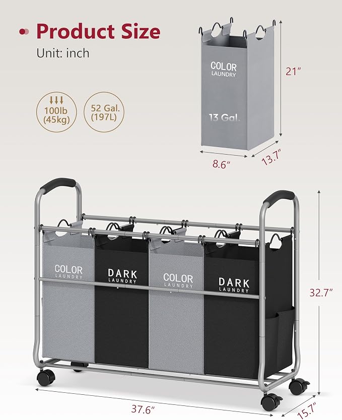 Tajsoon Laundry Sorter 4 Sections, Laundry Separator Hamper with Heavy Duty Lockable Rolling Wheels, Laundry Divider with Removable Bags for Dirty Clothes Storage, Black & Grey - Image 7