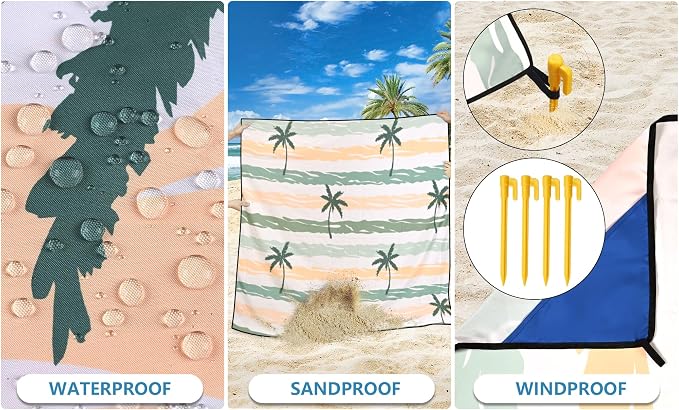 HIHOHO Beach Blanket Waterproof Sandproof Beach Mat 79”x 83” for 1-8 Adults Quick Drying Durable Outdoor Picnic Mat for Beach Festival Travel Camping Hiking (Stripes Cocotree-YL&GN, 79"×83"(4 Person)) - Image 4