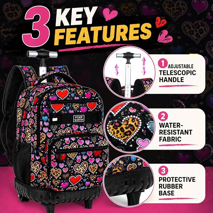 3Pcs Rolling Backpack for Girls, 19 Inche Women Roller Bag with Wheels for Adults, Wheeled Bookbag with Lunch Box(Brown) - Image 5
