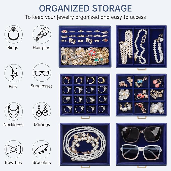AKOZLIN 6-Tier Jewelry Box Organizer Functional 5 Drawers Leather Jewelry Storage Case for Women Girls Ring Necklace Earring Bracelet Holder Organizer with Mirror Medium Blue - Image 5