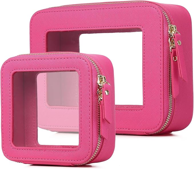 Pinkmik Clear Makeup Bag Waterproof Travel Case for Cosmetics and Toiletries Women's Purse Organizer and Clear Car Bag with Zipper (X/Fuxia, M+MINI) by Pinkmik