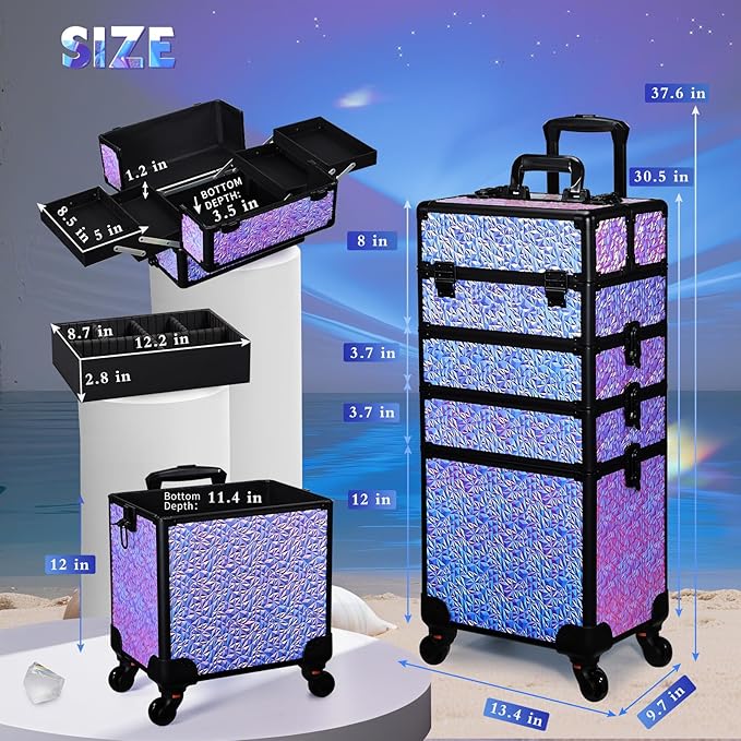 Stagiant Rolling Makeup Case Cosmetology Case on Wheels 4 in 1 Makeup Travel Case Extra Large Cosmetic Box with Key Make Up Artist Traveling Storage Nail Case Salon Barber Cart Trunk Shiny Purple - Image 5
