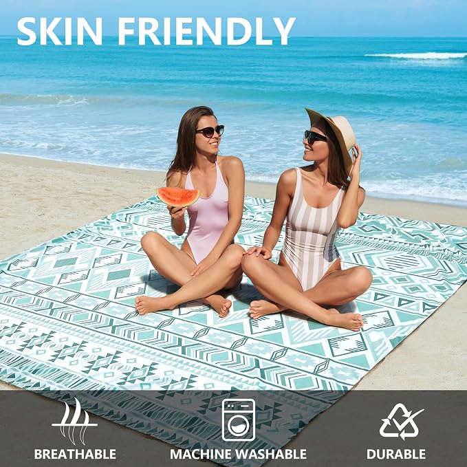 WIWIGO Beach Blanket Sandproof Extra Large Beach Mat Adults Waterproof Quick Drying Sand Free Mat Made by Premium Polyester with 4 Stakes & 4 Corner Pockets for Outdoor Travel Camping Hiking - Image 2