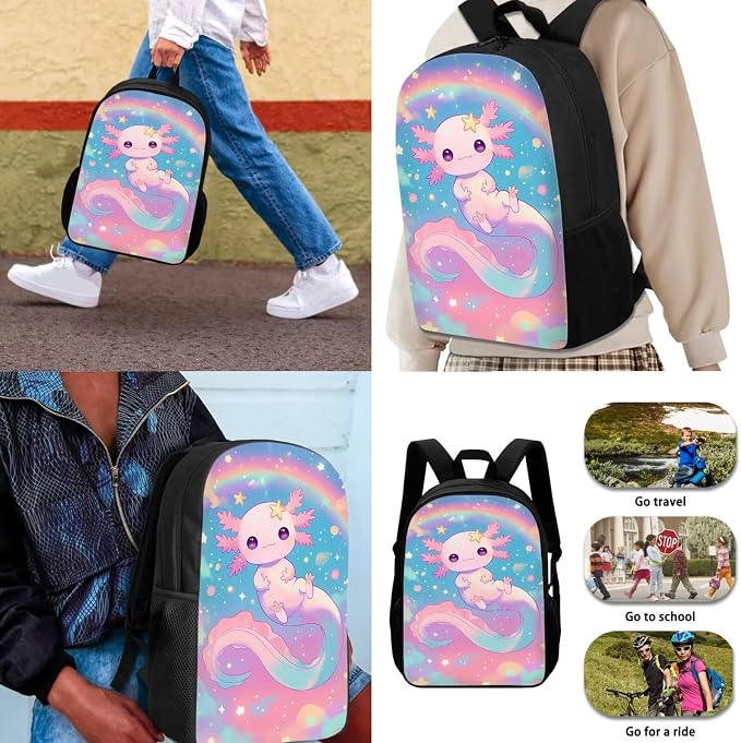 Cute Axolotl Rainbow Backpack for School Girls 1st Grade Rainbow Bookbag with Lunch Box Set Neon Book Bags and Lunchbox Pencil Case Water Bottle Holder Elementary Back Pack for Kids 6-8/5-7 - Image 3