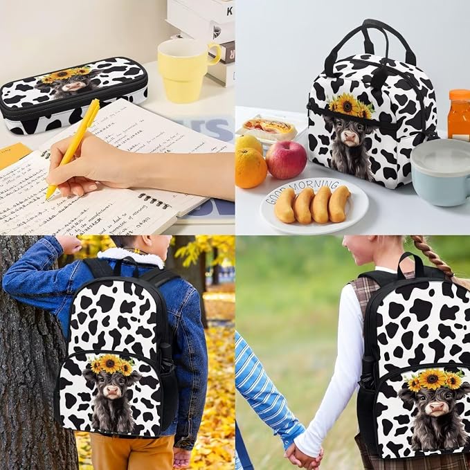 4PCS Black Highland Cattle Sunflower Cow Print School Backpack Set Travel Bookbags Purses Lunch Box Stationery Pouch Bag Holder Protective Water Bottle Cup Cover for Back to School - Image 4