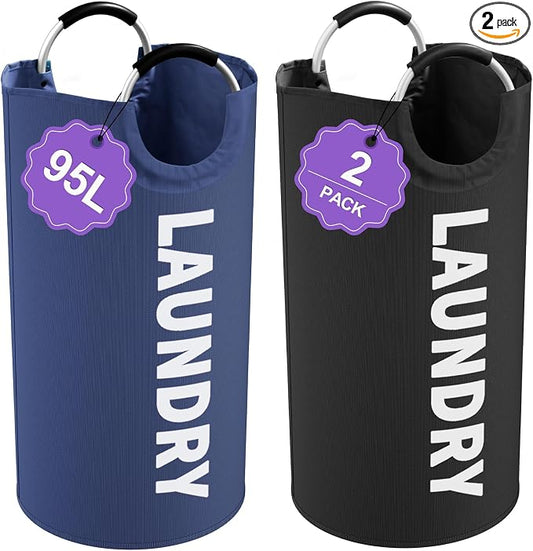 2Pcs 95L Collapsible Laundry Basket for Men, Tall Laundry Basket with Handles, Dirty Clothes Hamper in 600D Oxford Fabric, Freestanding Clothes Hampers for Bedroom, Dorm, Navy Blue + Black by IHOMAGIC