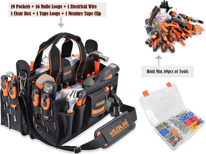 WELKINLAND 19-POCKETS Tool tote, HVAC tool bags organizer, Heavy-Duty electrician tools bag, Tool tote bag w/socket organizer tool boxes, Stay-Up maintenance tools bags - Image 2