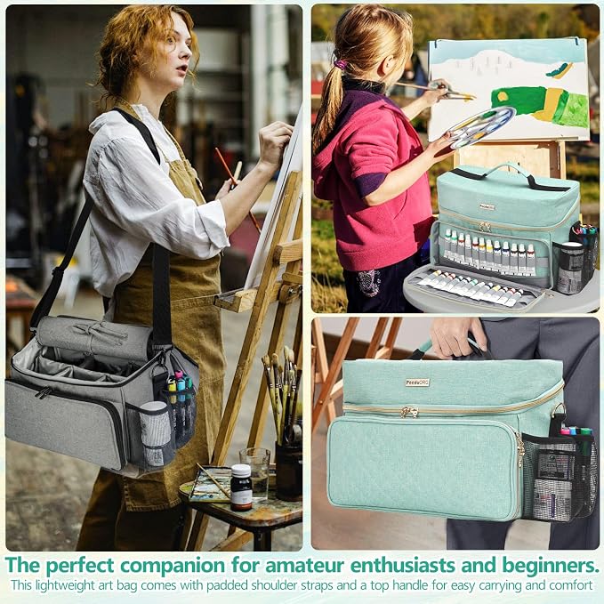 Art Supplies Organizer Storage Bag with Detachable Paint Brush Holder & Partition - Carrying Case for Home/Travel/Outdoor Fits Marks, Acrylic Paint, Palettes, Folding Buckets, Portfolios (Pro Green) - Image 6
