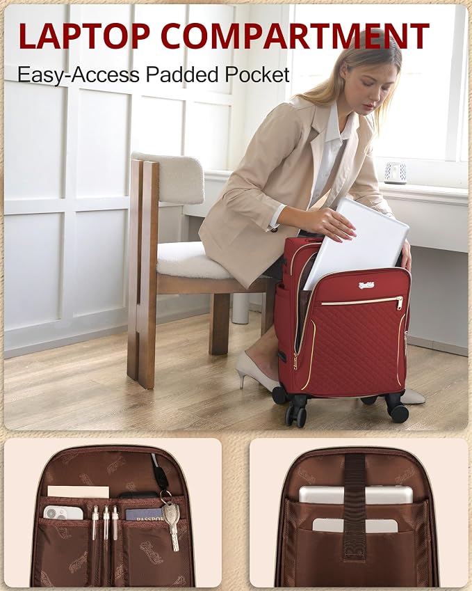 Carry On Luggage 22x14x9 Airline Approved, 20 Inch Softside Suitcase with 4 Pcs, Lightweight Luggage for Women with TSA Lock and 4 Spinner Wheels, Soft Side Carry-on Suitcases for Travel, Red - Image 6