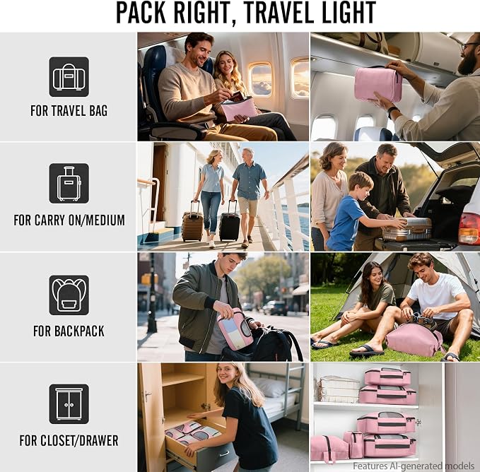 Veken 10 Set Packing Cubes for Travel Essentials,Anti-Wrinkle Buckled Suitcase Organizer for Shoe & Toiletry Bag,Carry On Luggage Bag with 99+ Count Mesh Holes for Airplane & College Dorm Accessories - Image 8