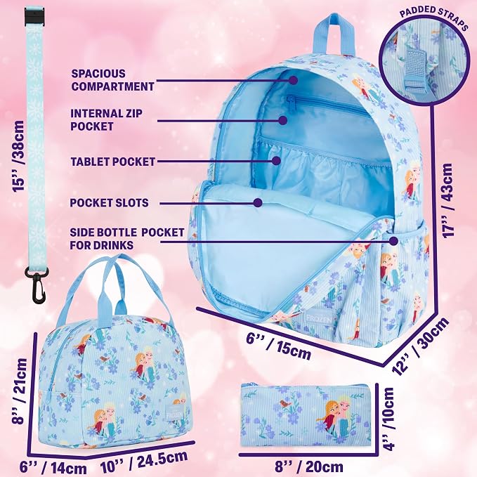 Get Trend Disney Frozen Girls Corduroy Backpack 4 Piece Set | 17 inch Bookbag with Laptop Pocket, Insulated Lunch Bag, Pencil Case & Lanyard, Back to School Gifts for Girls - Image 3