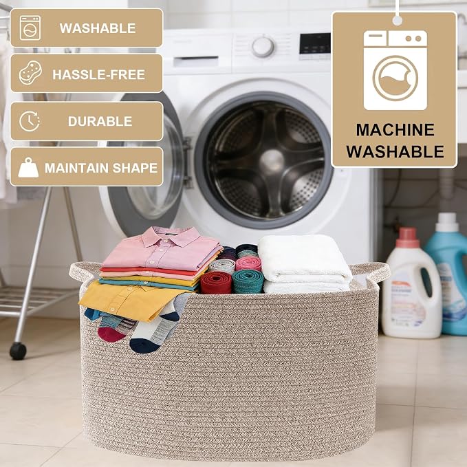 65L Collapsible Woven Rope Laundry Basket with Handles,Brown | 21x16x12 Foldable Rectangular Blanket Basket for Toys, Clothes & Pillows,Ideal for Nursery, Bathroom, Bedroom, Living Room - Image 6