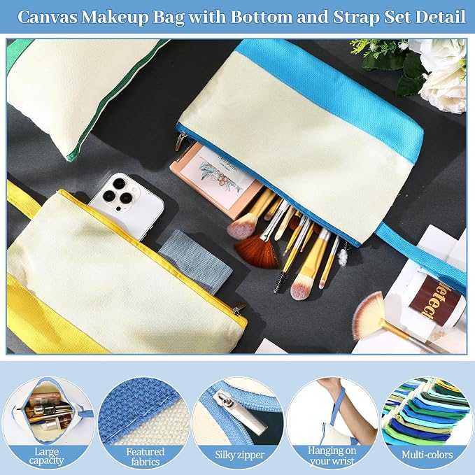 Silkfly 30 Pcs Cotton Canvas Makeup Bags Cosmetic Zipper Bags 10.2 x 5.5 x 2'' Blank DIY Pouch Bulk Pencil Case with Bottom Travel Toiletry Pouch for Women Craft Decor Gift (Blue,Green) - Image 3