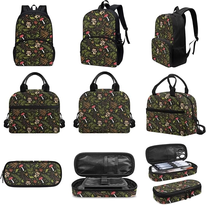 Vintage Mushroom Print Backpack Set for Girls Kids Lightweight Cute School Backpack with Lunch Box Pencil Case Adjustable Strap Padded Book Bag Insulated Lunch Bag - Image 3