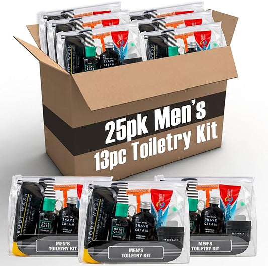 25 Pack of Homeless Care Package Supplies Bulk Summer Hygiene Travel Kits for Men, 13 Piece Travel Size Toiletries, Summer Homeless Essentials Supplies in Bulk
