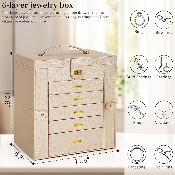 AKOZLIN 6-Tier Jewelry Box Organizer Functional 5 Drawers Leather Jewelry Storage Case for Women Girls Ring Necklace Earring Bracelet Holder Organizer with Mirror Extra Large Champagne - Image 5