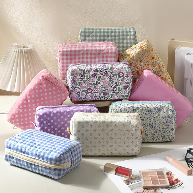 Paterr 10 Pcs Quilted Makeup Bag Bulk Cotton Floral Cosmetic Bag Women Girls Bridesmaid Gifts Cute Makeup Pouch Coquette Aesthetic Travel Toiletry Organizer(Plaid Style,7.87 x 4.72 x 3.15 Inches) - Image 7