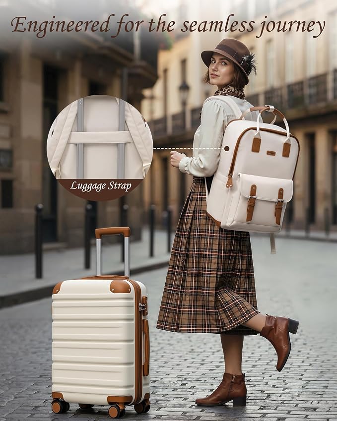TAKUMI Luggage Sets 3 Piece, 20 Inch Carry On Luggage Set with Backpack, PC+ABS Hardshell Suitcases with Wheels, Lightweight Travel Luggage with TSA Lock for Women, Men (WHITE BROWN, 3 PIECE SET（BP）) - Image 2