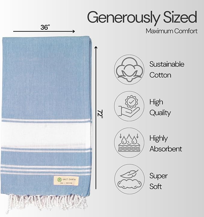 Salt Earth Cotton Turkish Beach Towel (Set of 2, 36"x72") - Soft, Quick Dry, Sand Resistant, Absorbent Towels for Bathroom, Home, Travel, Pool, Spa, Bath, Swim - Beach Towels Oversized (Sky Blue) - Image 6