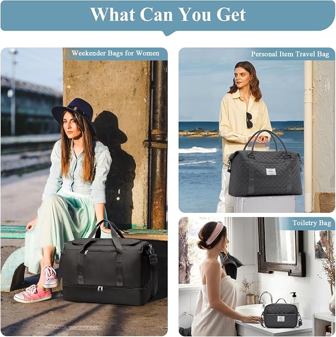 Extra Large Travel Duffle Bag,Carry on Overnight Bag with Shoes Compartment,Weekender Bags for Women for Travel Business Trips Sport Hospital,3 Pcs Set,Black - Image 8